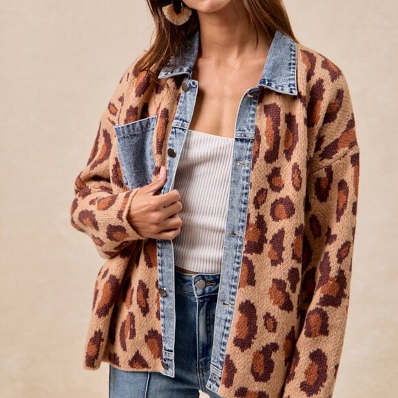 BiBi Jackets & Blazers - BIBI Leopard Print Denim Jean Jacket Animal Print Cardigan
